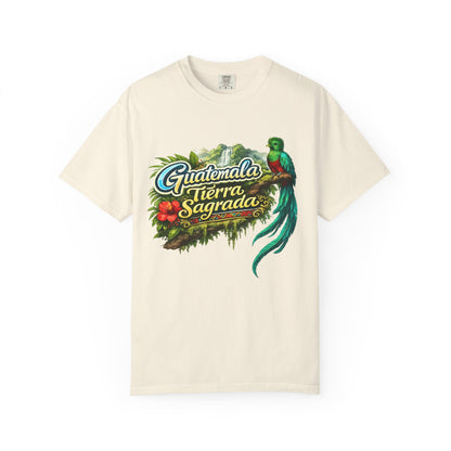 Guatemala Tierra Sagrada T-Shirt — Resplendent Quetzal & Tropical Floral Tee