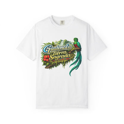Guatemala Tierra Sagrada T-Shirt — Resplendent Quetzal & Tropical Floral Tee