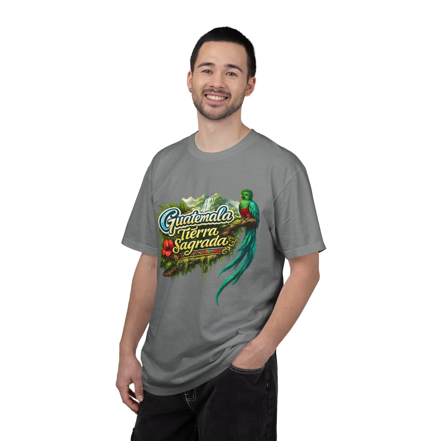 Guatemala Tierra Sagrada T-Shirt — Resplendent Quetzal & Tropical Floral Tee