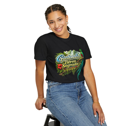 Guatemala Tierra Sagrada T-Shirt — Resplendent Quetzal & Tropical Floral Tee