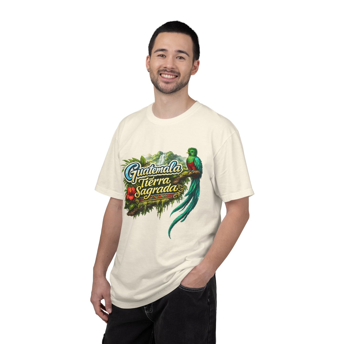 Guatemala Tierra Sagrada T-Shirt — Resplendent Quetzal & Tropical Floral Tee